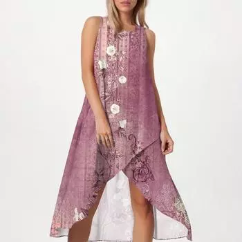 Женское свободное повседневное модное платье с квадратным круглым вырезом, однотонное, пляжная юбка с разрезом сбоку, без рукавов, юбка из хлопка и льна L