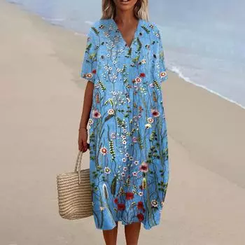 Женское свободное повседневное модное платье с V-образным вырезом и принтом, пляжная юбка L синий