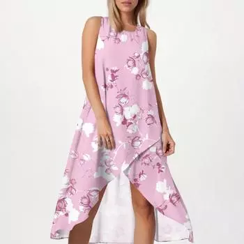 Женское свободное повседневное модное платье с квадратным круглым вырезом, однотонное, пляжная юбка с разрезом сбоку, без рукавов, юбка из хлопка и льна M розовый