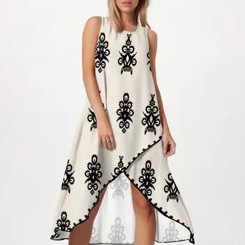 Женское свободное повседневное модное платье с квадратным круглым вырезом, однотонное, пляжная юбка с разрезом сбоку, без рукавов, юбка из хлопка и льна XL бежевый