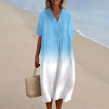 Женское свободное повседневное модное платье с V-образным вырезом и принтом, пляжная юбка XL синий