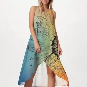 Женское свободное повседневное модное платье с квадратным круглым вырезом, однотонное, пляжная юбка с разрезом сбоку, без рукавов, юбка из хлопка и льна M синий