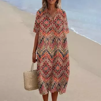 Женское свободное повседневное модное платье с V-образным вырезом и принтом, пляжная юбка M оранжевый