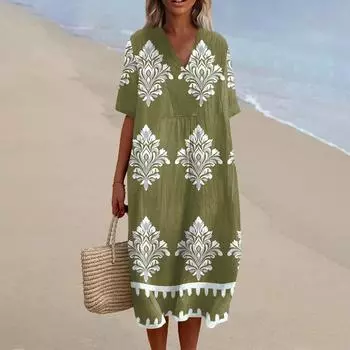 Женское свободное повседневное модное платье с V-образным вырезом и принтом, пляжная юбка L