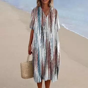 Женское свободное повседневное модное платье с V-образным вырезом и принтом, пляжная юбка L хаки