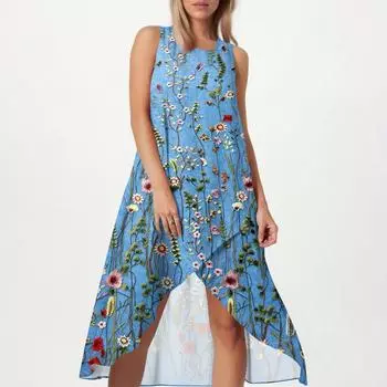 Женское свободное повседневное модное платье с квадратным круглым вырезом, однотонное, пляжная юбка с разрезом сбоку, без рукавов, юбка из хлопка и льна XXL синий