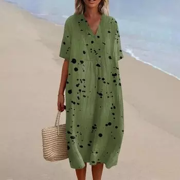 Женское свободное повседневное модное платье с V-образным вырезом и принтом, пляжная юбка M