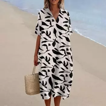 Женское свободное повседневное модное платье с V-образным вырезом и принтом, пляжная юбка L хаки