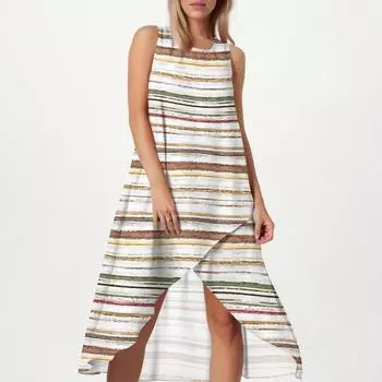 Женское свободное повседневное модное платье с квадратным круглым вырезом, однотонное, пляжная юбка с разрезом сбоку, без рукавов, юбка из хлопка и льна XL белый