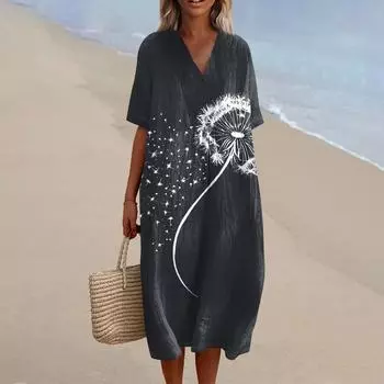 Женское свободное повседневное модное платье с V-образным вырезом и принтом, пляжная юбка XL