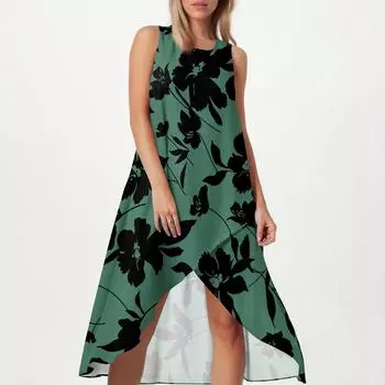 Женское свободное повседневное модное платье с квадратным круглым вырезом, однотонное, пляжная юбка с разрезом сбоку, без рукавов, юбка из хлопка и льна M