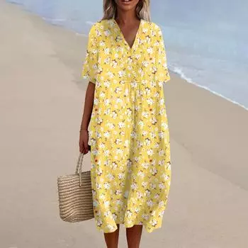 Женское свободное повседневное модное платье с V-образным вырезом и принтом, пляжная юбка M жёлтый