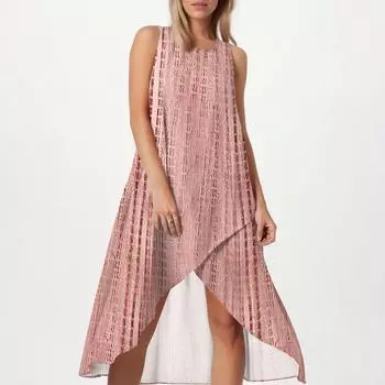 Женское свободное повседневное модное платье с квадратным круглым вырезом, однотонное, пляжная юбка с разрезом сбоку, без рукавов, юбка из хлопка и льна L розовый