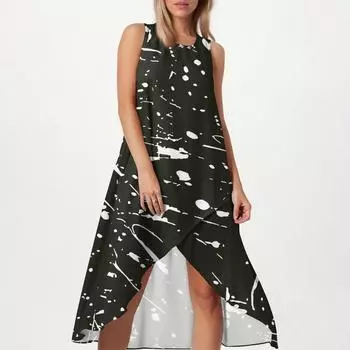 Женское свободное повседневное модное платье с квадратным круглым вырезом, однотонное, пляжная юбка с разрезом сбоку, без рукавов, юбка из хлопка и льна XXL чёрный