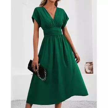 Женское свободное повседневное однотонное длинное платье с V-образным вырезом и складками на талии. Длинное платье с складками на талии. L армия зеленый