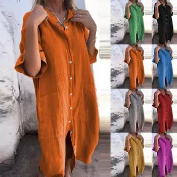 Женское свободное повседневное однотонное хлопковое льняное платье-рубашка со средними рукавами L чёрный