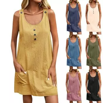 Женское свободное повседневное однотонное платье без рукавов с U-образным вырезом, карманом, пуговицами, регулируемым плечевым ремнем M армия зеленый