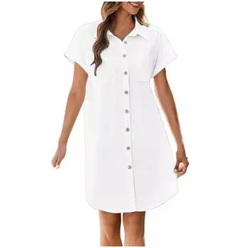 Женское свободное повседневное однотонное платье-рубашка с воротником-стойкой, карманом на пуговицах и короткими рукавами XXL белый