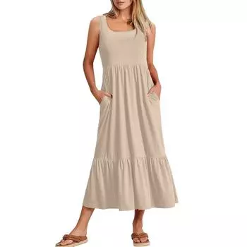 Женское свободное повседневное однотонное платье с квадратным вырезом и плиссировкой без рукавов с карманами Платье с карманами L бежевый