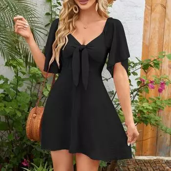 Женское свободное повседневное однотонное платье с V-образным вырезом и галстуком-бабочкой, с короткими рукавами, платье с короткими рукавами L чёрный