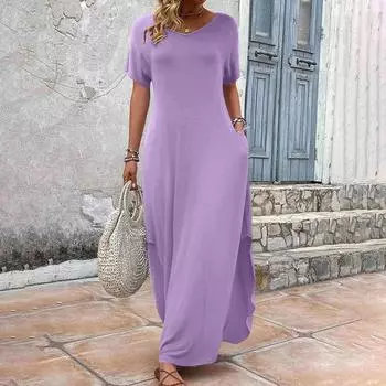 Женское свободное повседневное однотонное платье с V-образным вырезом, карманом и короткими рукавами, длинное платье с короткими рукавами XL фиолетовый