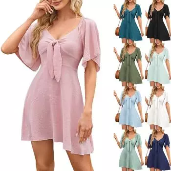 Женское свободное повседневное однотонное платье с V-образным вырезом и галстуком-бабочкой, с короткими рукавами, платье с короткими рукавами L чёрный