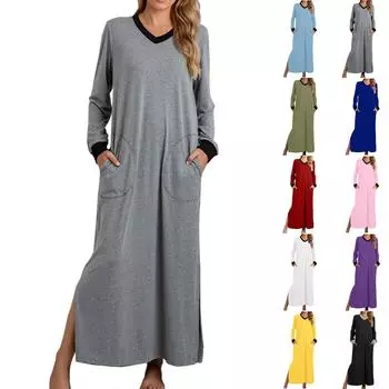 Женское свободное повседневное однотонное повседневное платье с V-образным вырезом Conjoin Long Dress L армия зеленый