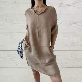 Женское свободное повседневное платье из хлопка и льна с V-образным вырезом и короткими рукавами S хаки