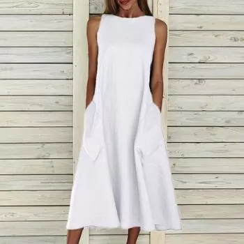 Женское свободное повседневное платье из хлопка и льна без рукавов с круглым завязками и карманами S белый