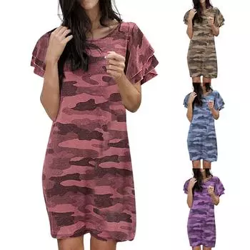 Женское свободное повседневное платье с круглым вырезом и камуфляжным принтом с короткими рукавами XXXXXL синий