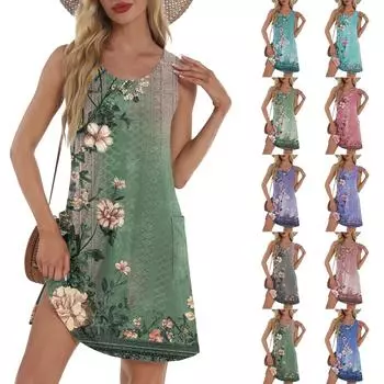 Женское свободное повседневное платье с принтом, жилет, юбка на бретелях, платье с карманами Юбка на бретелях, платье с карманами L синий