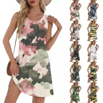 Женское свободное повседневное платье с принтом, жилет, юбка на бретелях, платье с карманами Юбка на бретелях, платье с карманами L армия зеленый
