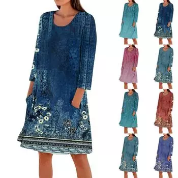 Женское свободное повседневное платье с рукавами 3/4 и принтом L синий