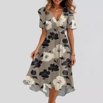 Женское свободное повседневное платье с V-образным вырезом, расклешенная юбка, короткие рукава, напечатанное платье с принтом L бежевый