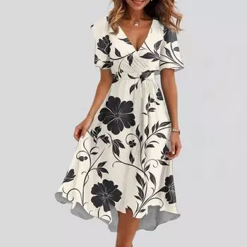 Женское свободное повседневное платье с V-образным вырезом, расклешенная юбка, короткие рукава, напечатанное платье с принтом XXL бежевый