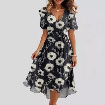 Женское свободное повседневное платье с V-образным вырезом, расклешенная юбка, короткие рукава, напечатанное платье с принтом L чёрный