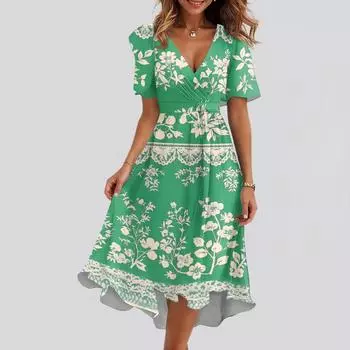 Женское свободное повседневное платье с V-образным вырезом, расклешенная юбка, короткие рукава, напечатанное платье с принтом L