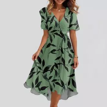 Женское свободное повседневное платье с V-образным вырезом, расклешенная юбка, короткие рукава, напечатанное платье с принтом XL