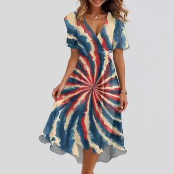 Женское свободное повседневное платье с V-образным вырезом, расклешенная юбка, короткие рукава, напечатанное платье с принтом XXL