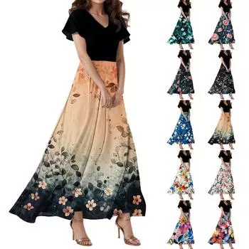 Женское свободное повседневное платье с V-образным вырезом, короткими рукавами, высокой талией и цветочным принтом Платье с цветочным принтом L синий