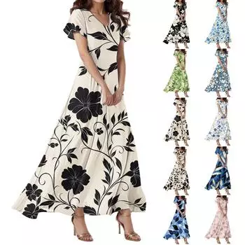 Женское свободное повседневное платье с V-образным вырезом, короткими рукавами, высокой талией и цветочным принтом Платье с цветочным принтом L бежевый