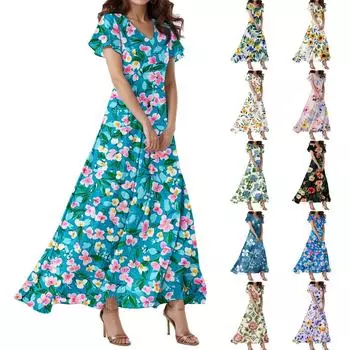Женское свободное повседневное платье с V-образным вырезом, короткими рукавами, высокой талией и цветочным принтом Платье с цветочным принтом L синий