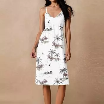 Женское свободное повседневное пляжное праздничное платье-сарафан на тонких бретельках с открытой спиной и бантом XXL белый