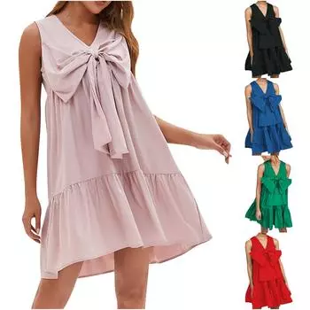 Женское свободное повседневное повседневное мини-платье без рукавов с v-образным вырезом и большим бантом на груди L чёрный