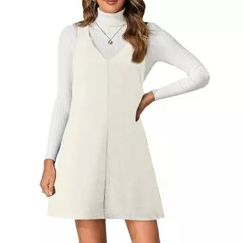 Женское свободное повседневное приталенное вельветовое модное платье на бретелях с V-образным вырезом и однотонной расцветкой XXL белый