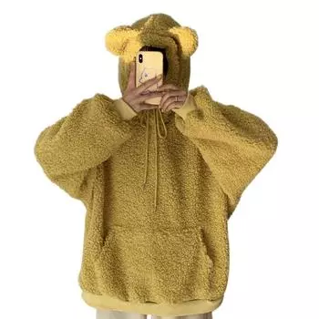 Женское свободное повседневное теплое плюшевое пальто с капюшоном и милыми медвежьими ушками M