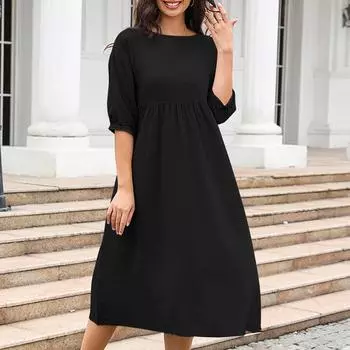 Женское свободное повседневное удобное однотонное платье-пуловер из хлопка и льна с карманом L чёрный