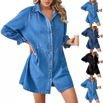 Женское свободное стираное джинсовое платье в стиле пэчворк с длинными рукавами, юбка средней длины для женщин L чёрный