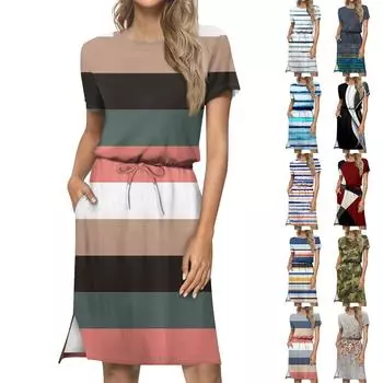 Женское свободное свободное повседневное платье с круглым вырезом и короткими рукавами с принтом и карманами на шнурке M серый