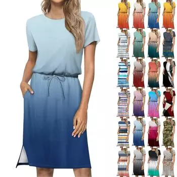 Женское свободное свободное повседневное платье с круглым вырезом и короткими рукавами с принтом и карманами на шнурке L синий